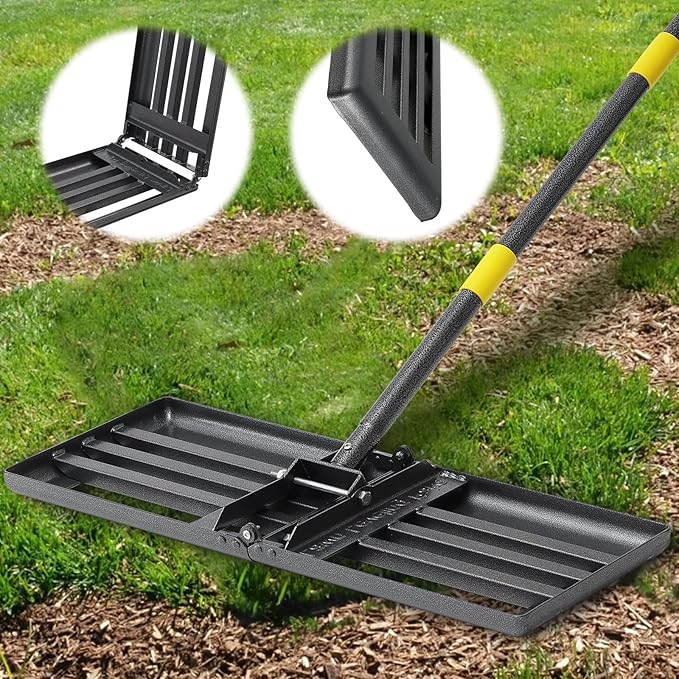 Lawn Leveling Rake, Foldable 26.7"x10" Level Lawn Tool with Curved Edge, 7FT Heavy Duty Lawn Level Tool, Long Handle Lawn Leveler for Yard Garden Golf Course, Soil Sand Dirt Spreading Leveling Rake