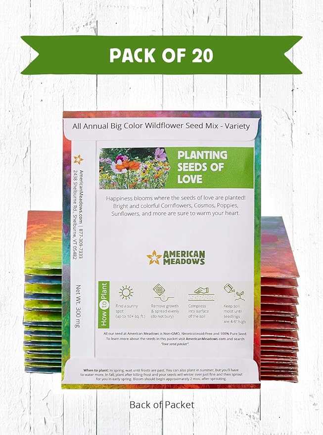 American Meadows Wildflower Seed Packets ''Love'' Party Favors (Pack of 20) - Wildflower Seed Mix, Party Favors for Weddings, Valentine's Day, Anniversaries, Thank You