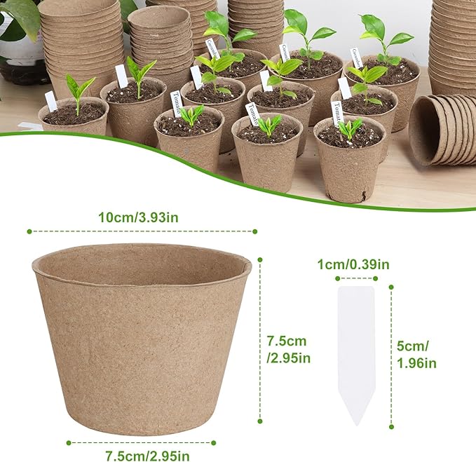66 Pack Organic Peat Pots, 4 Inch Nursery Pot, Round Plant Seedling Pots with Drainage Holes, Small Seed Starting Starter Tray Bulk, Garden Germination Container with 66 Planting Labels(10 cm)