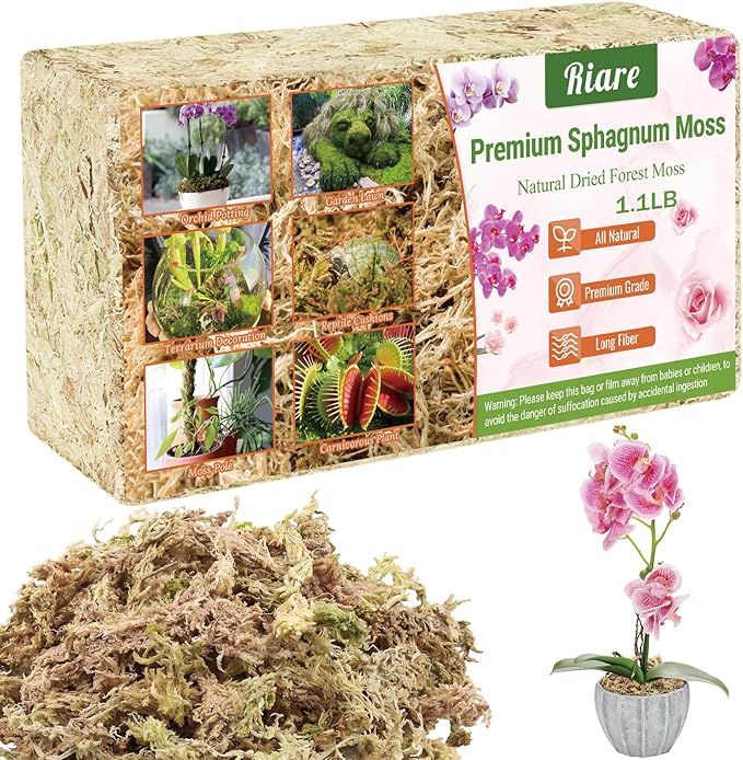 Riare 1.1 LBS Premium Sphagnum Moss- Natural Long Fibered Sphagnum Peat Moss Plants Moss Dried, Carnivorous Plants Moss Orchid Potting Mix for Orchids, Succulent, Reptiles (20QT)