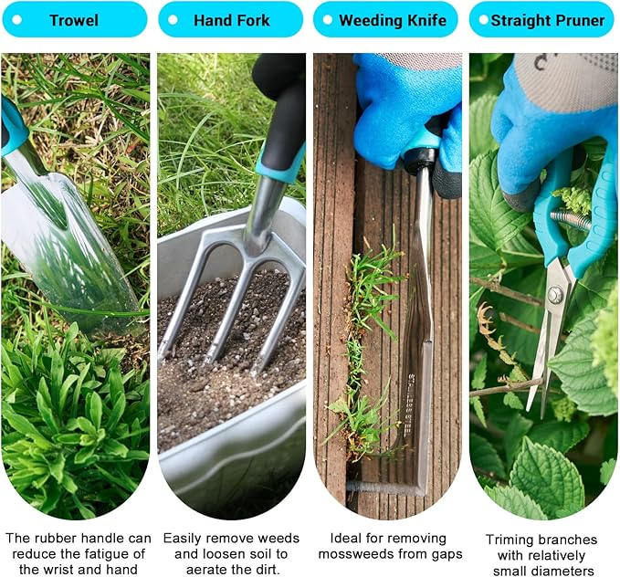 Garden Tool Set with Non Slip Rubber Grip,11 Piece Stainless Steel Gardening Tool Sets,Heavy Duty Outdoor Hand Tools Kit,Durable Tote Bag,Repotting mat,Uprooting Weeding Tool,Ideal Gifts for Women Men