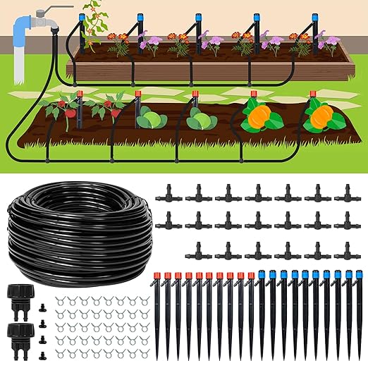 110ft Drip Irrigation System Kit, Garden Watering System DIY Automatic Irrigation Equipment Set for Lawn Raised Bed Greenhouse Plant Watering with 1/4'' Tubing, Drip Emitters, Connectors