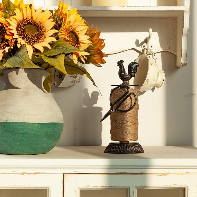 SOFFEE DESIGN Vintage Jute Twine Spool and Scissors Holder for Garden Farmhouse Kitchen Antique Twine and Scissors Set Black Rooster