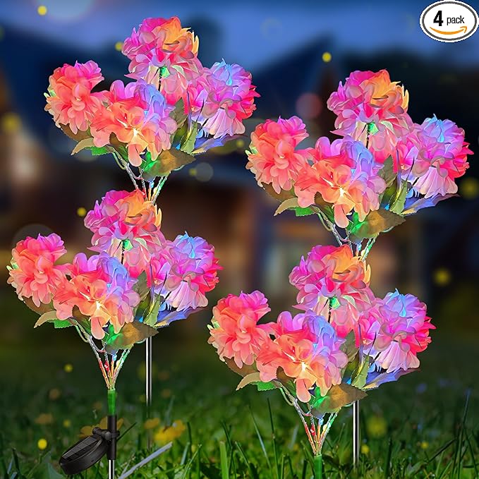 Neporal Solar Flowers Outdoor Waterproof IP65, 4PK 5-Head Hydrangea with 4-Color Light & 2 Lightning Modes, Solar Flower Lights Garden Lights Outdoor Waterproof for Garden, Yard,Pathway