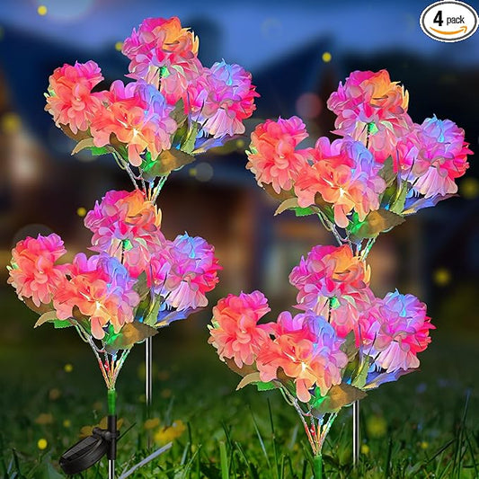 Neporal Solar Flowers Outdoor Waterproof IP65, 4PK 5-Head Hydrangea with 4-Color Light & 2 Lightning Modes, Solar Flower Lights Garden Lights Outdoor Waterproof for Garden, Yard,Pathway