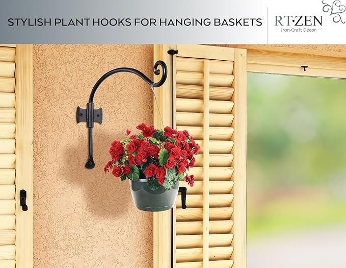 RTZEN Plant Hangers Outdoor or Indoor - Wrought Iron Metal Hanger Indoor Hook - Heavy Duty Wall Bracket Hooks for Hanging Plants Baskets Lanterns Wind Chimes - 2 Pack (Black Axe-Shape Hooks)