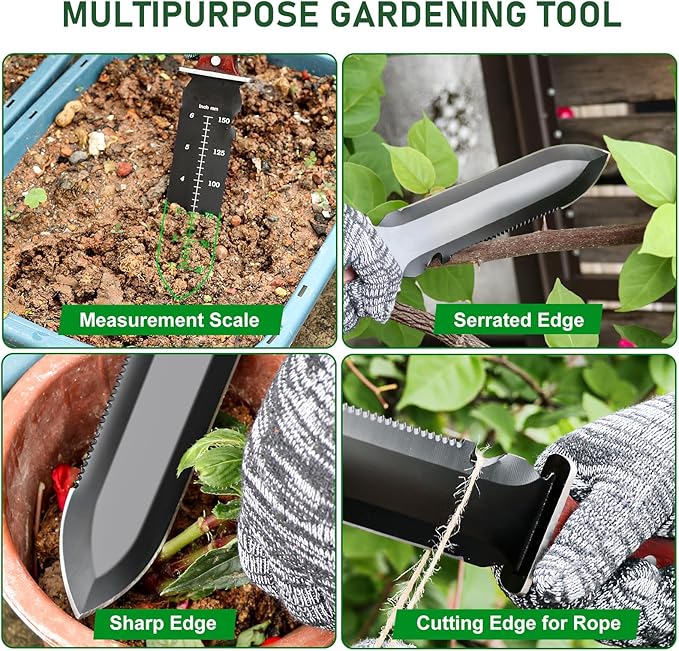 Hori Hori Garden Knife, Garden Tools with Sheath for Planting,Weeding,Digging, 7" Stainless Steel Soil Knife with Cutting Edge, Full Tang Wood Handle with Hanging Hole