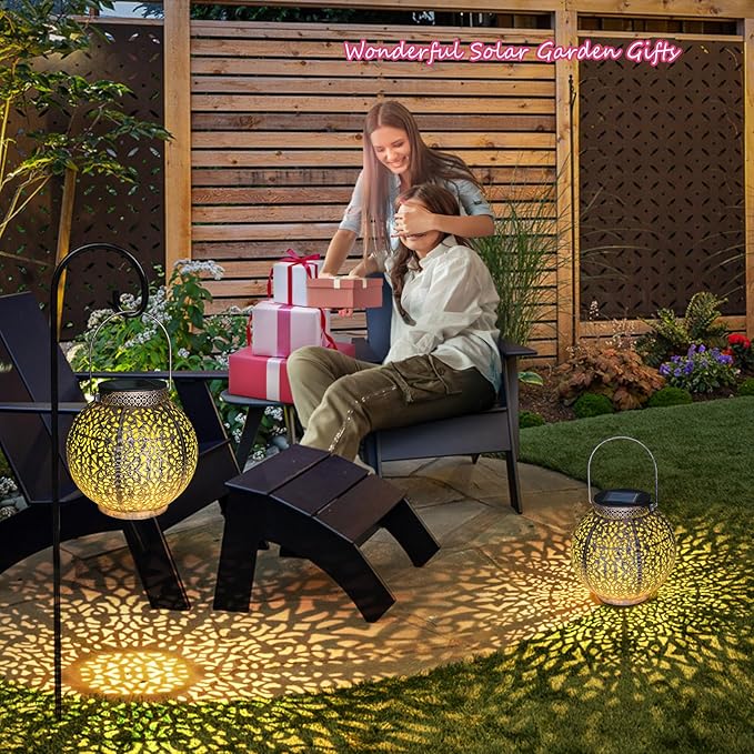 2Pack Outdoor Solar Lanterns Waterproof, Garden Gifts for Women, Rose Patio Garden Decor Lights , Warm White LED Table Lamp for Yard Art, Porch, Mothers Day Mom Grandma (Antique Bronze )