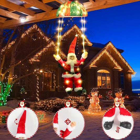 Christmas Decorations Lights Outdoor, 88 LED Christmas Parachute Lights with Santa Claus, 8 Modes Hanging Warm White Xmas Light, Holiday Decorative Lighting for Roof Eave Porch Balcony Indoor Decor