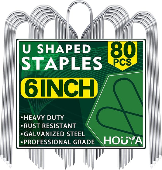 U Shaped Garden Stakes 6 Inch 80 Pack Drip Irrigation Stakes Galvanized Landscape Garden Staples Hose Stakes for Soaker Hose Drip Line Irrigation Tubing Tube, Lawn Ground and Weed Barriers