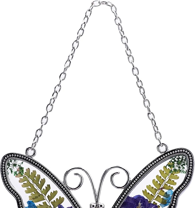 Laraine Butterfly Suncatcher with Pressed Flower Wings Mom Mother's Day Butterfly Glass Wind Chime Ornament Charm with Metal Heart Gifts for Mom Grandma Aunt Birthday (Purple Friend (with Free Hook))