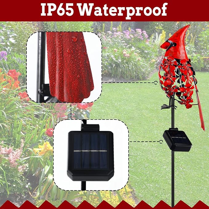 VIHOSE 2 Pcs Cardinal Gift Decor Cardinal Solar Lights for Outside Garden Stake Metal Red Bird Solar Lights Gift Outdoor Stake Grave Patio Yard Lawn Porch Cemetery Decoration for Mom Grandma Women