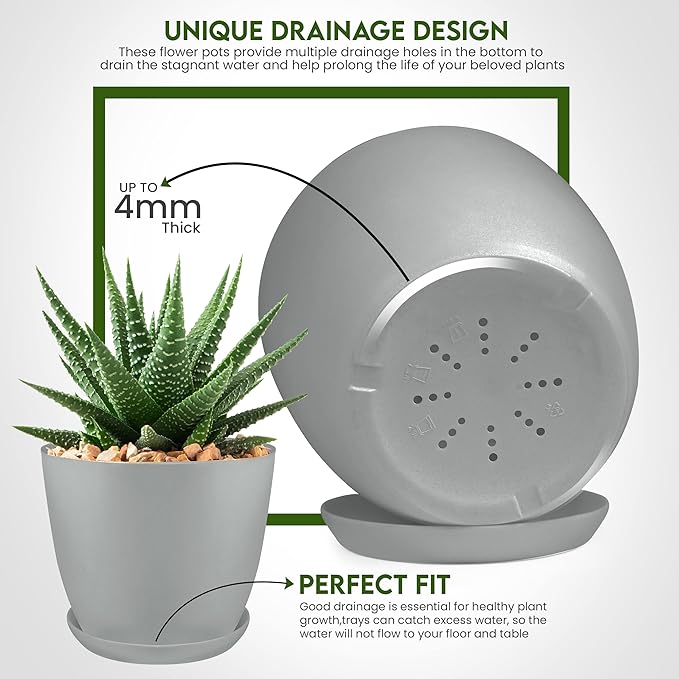 Utopia Home - Plant Pots Indoor with Drainage - 7/6.6/6/5.3/4.8 Inches Home Decor Flower Pots for Indoor Planter - Pack of 5 Plastic Planters for Indoor Plants, Cactus, Succulents Pot - Gray