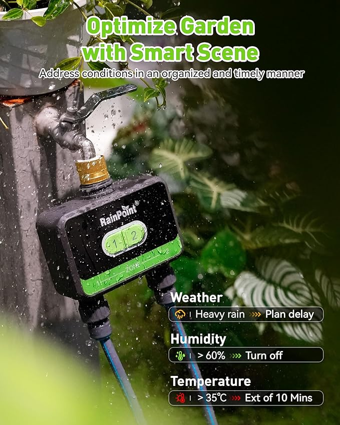 RainPoint WiFi Water Timer for Garden Hose with Brass Inlet, 2-Zone Smart Hose Timer, Sprinkler Timer WiFi Irrigation Controller, Automatic Watering System for Lawns and Yard