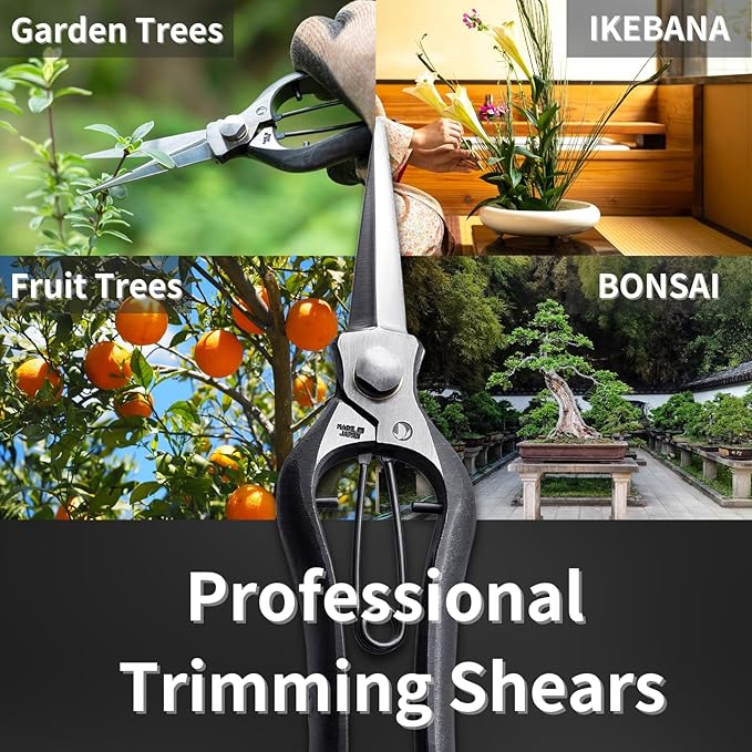 Bud Trimming Scissors for Gardening 8", Professional Garden Trimming and Thinning, Hand Forged Japanese Carbon Steel Blade, Spring Loaded Handle, Made in Japan