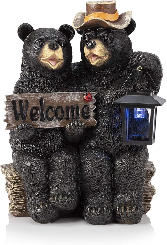 Alpine Corporation 15" Tall Outdoor Bear Couple with Lantern and Welcome Sign Statue with Solar LED Light Yard Art Decoration