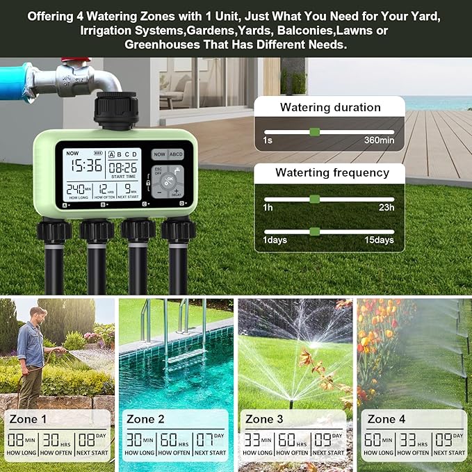4 Outlet Sprinkler Timer, XinFuture Water Timer, Programmable Garden Hose Timer with Rain Delay, Manual& Automatic Watering System, Waterproof Digital Irrigation Timer for 4 Separate Water Zones