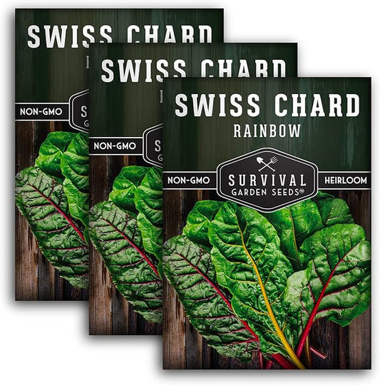 Survival Garden Seeds - Rainbow Swiss Chard Seed for Planting - 3 Packs with Instructions to Plant and Grow Colorful Stalked Vegetable Greens in Your Home Vegetable Garden - Non-GMO Heirloom Variety