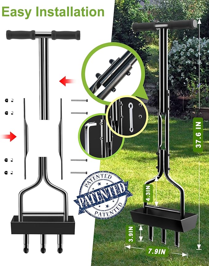 Lawn Aerator Coring Garden Tool with Soil Core Storage Tray, Manual Yard Plug Aerators & Clean Tool, Grass Aeration Gardening Tools with 3 Tines for Lawn Care, Compacted Soil, 37.6”