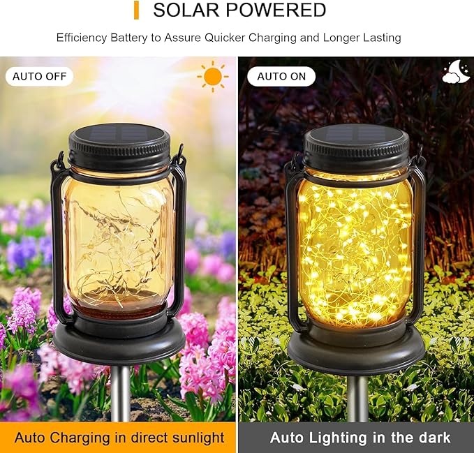 Solar Fairy Lanterns,4 Pack Solar Mason Jar Lights,Mother's Day Gifts For Mom Women Grandma Hanging Lanterns Outdoor Waterproof,Glass Jar Starry Light with Stakes for Garden Patio Party Holiday