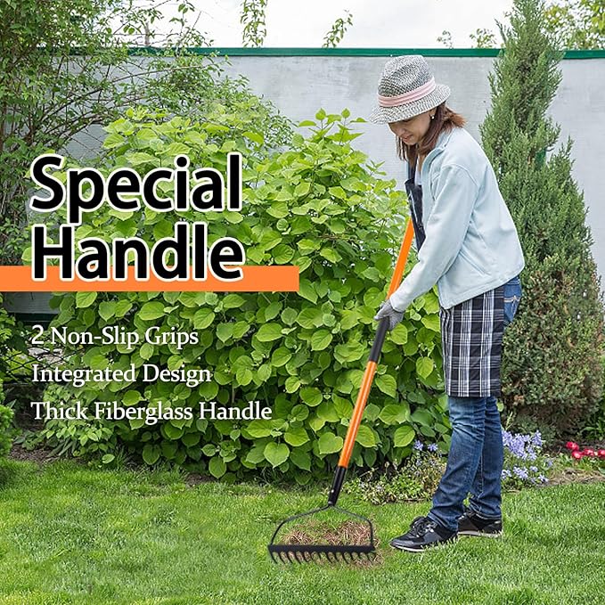 Garden Rake for Gardening, 14 Tines Garden Rake with Thick Fiberglass Handle, Heavy Duty Garden Rake for Lawns, 58 Inches
