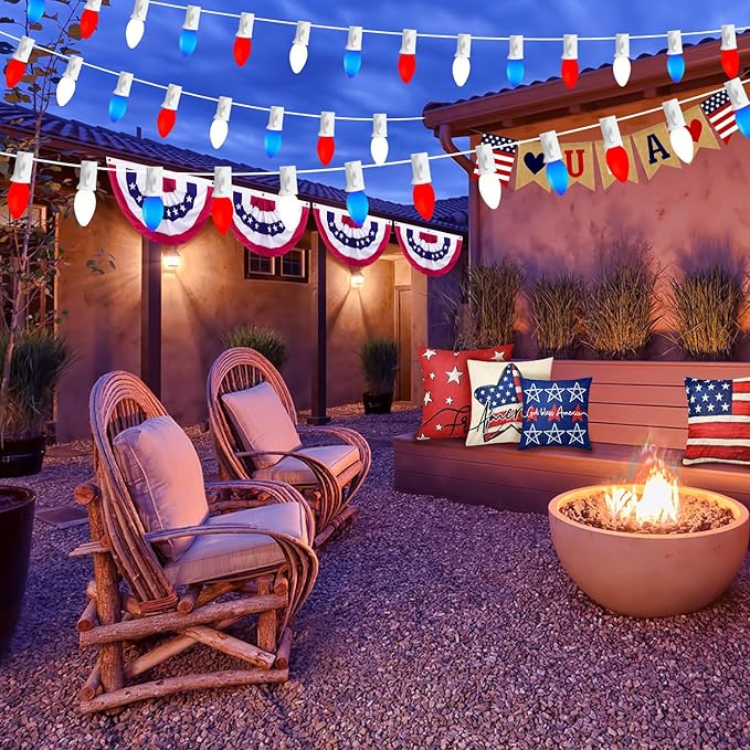 22.8 FT C7 LED 4th of July Decorations Lights with 20+3 Red White and Blue Lights Bulbs, Waterproof Outdoor String Light for Memorial Day Independence Day Patio Garden Bistro Patriotic Decor