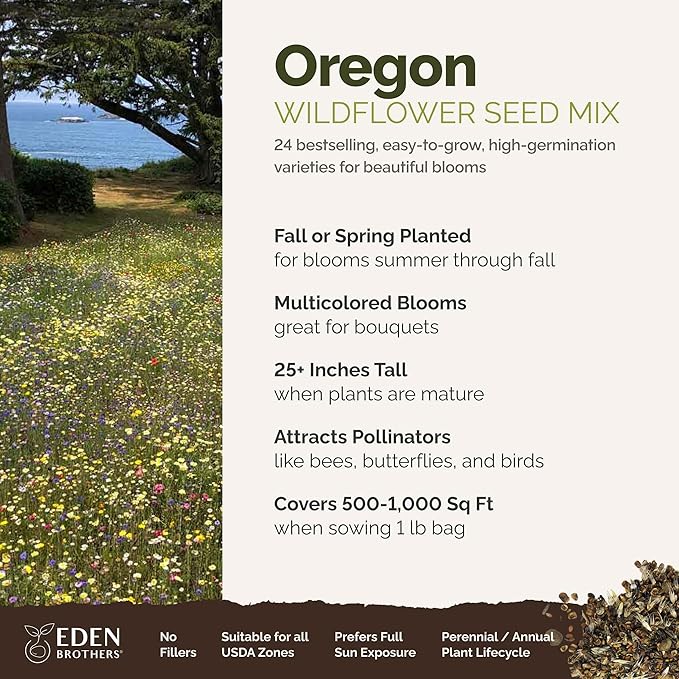 Eden Brothers Oregon Wildflower Mixed Seeds for Planting, 1 lb, 480,000+ Seeds with Bluebell, Cornflower | Attracts Pollinators, Plant in Spring or Fall, Zones