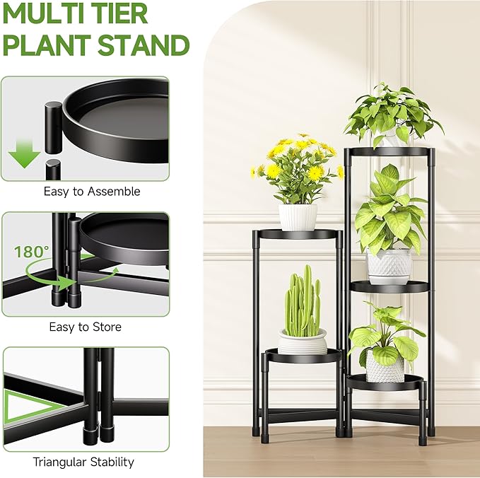 5-Tier Metal Plant Stand Indoor, Foldable Corner Plant Shelf Outdoor, Rotatable Tiered Tall Plant Stand, Black Multiple Plant Stands for Patio Living Room Balcony Garden Home Decor