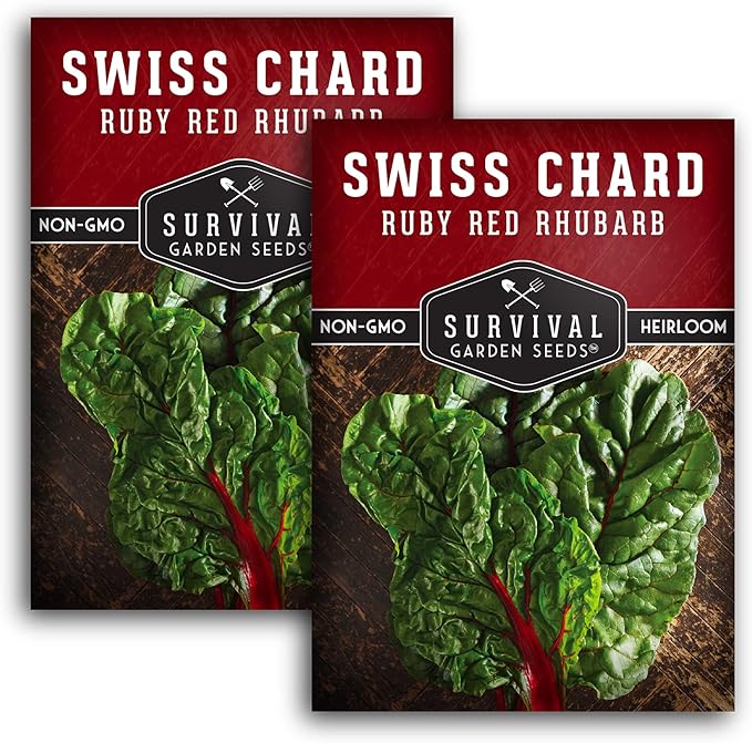 Survival Garden Seeds - Ruby Red Rhubarb Swiss Chard Seed for Planting - 2 Packs with Instructions to Plant and Grow Delicious Leafy Greens in Your Home Vegetable Garden - Non-GMO Heirloom Variety