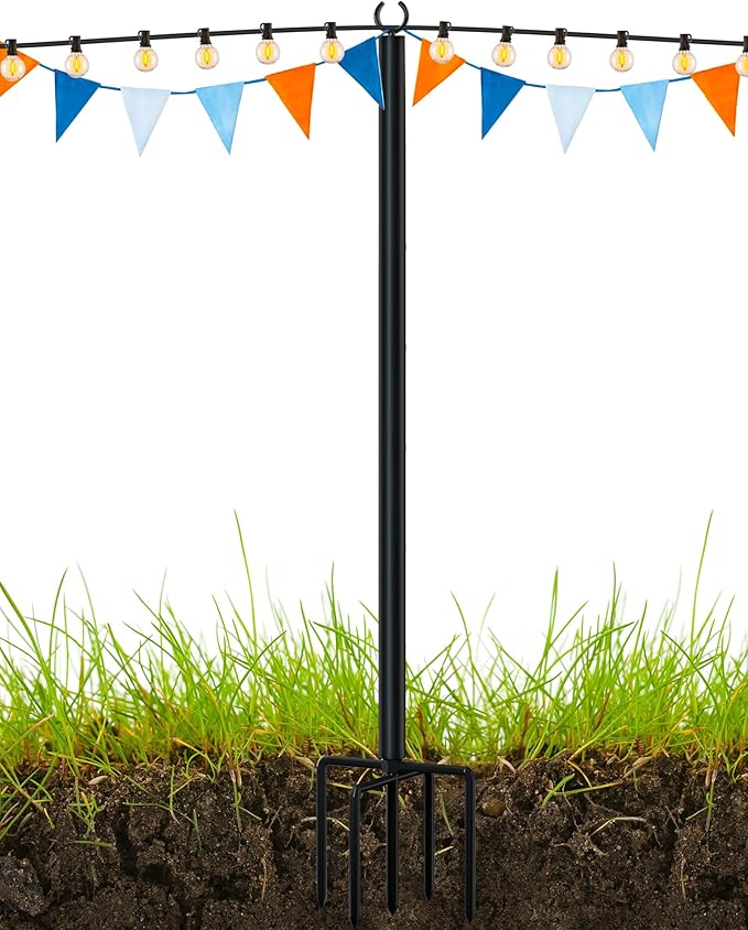 LAND·VOI Metal String Light Poles for Outside Hanging - Backyard, Garden, Patio, 1 Pack Lighting Stand with Adjustable Height for Outdoor Parties, Wedding, Extra-Long 5-Prong Claws, (9.6FT) FLP01B