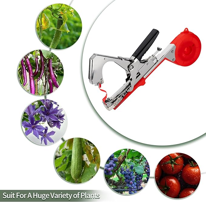 Plant Tying Machine, Garden Tapetool Tapener,Vines Plant Tying Tool for Grapes,Tomatoes,Peppers,Indoor Plant with 10 Rolls of Tape,10000 Staples,1 Replacement Part, Red
