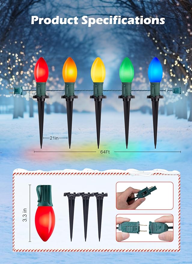 Brightown Frosted C9 LED Christmas Lights Outdoor, 2 Packs Total 64Ft Christmas Pathway Lights with 50 LED Bulbs and Stakes, Christmas Decorations Outside Driveway Walkway Sidewalk, Multicolor
