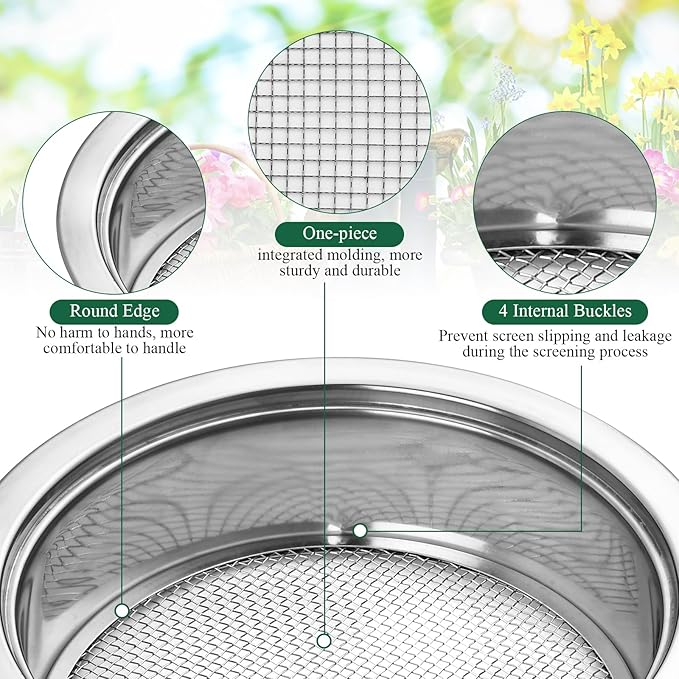 Soil Sifter, Soil Sifter for Rocks with 3 Sieve Mesh, 3mm 6mm 9mm, Stainless Steel Rock Sifter, Garden Potting Sieves with Shovel, Fine Mesh Sieve for Topsoil, Fine Sand