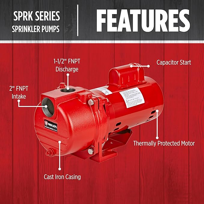 Red Lion RL-SPRK150 115/230 Volt, 1.5 HP, 71 GPM Cast Iron Sprinkler/Irrigation Pump with Thermoplastic Impeller, Red, 97101501