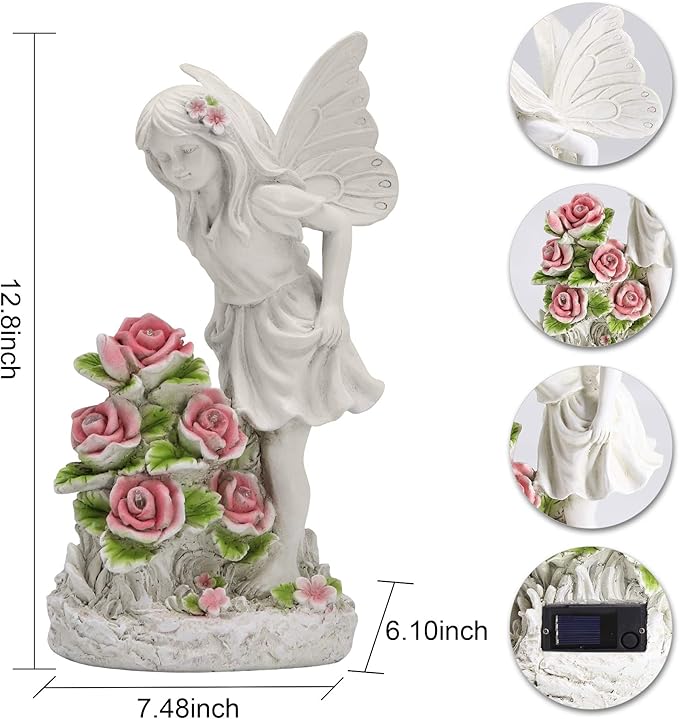 Garden Figurines Angel Garden Statue Outdoor Decor, Solar Powered Resin Sculpture with 5 LEDs Art Decoration for Patio Lawn Yard Porch, Ornament Housewarming Garden Gift, 12.8 x 7.5 x 6.1 Inch