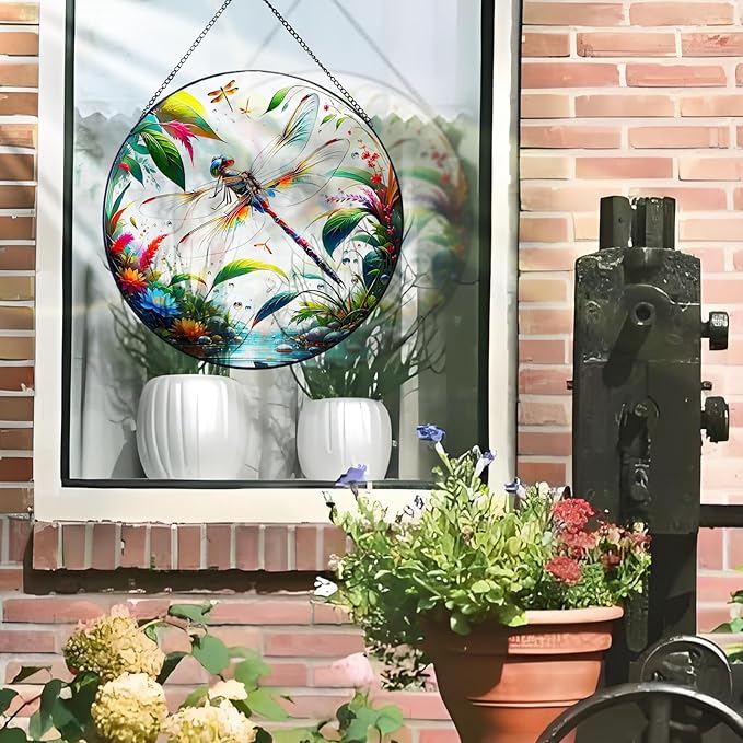 RIVEENY Stained Glass Window Hangings, 8" Stained Glass Decorations, Dragonfly Suncatcher for Indoor Garden Window Home Decor Dragonfly Gifts for Grandma,Mom
