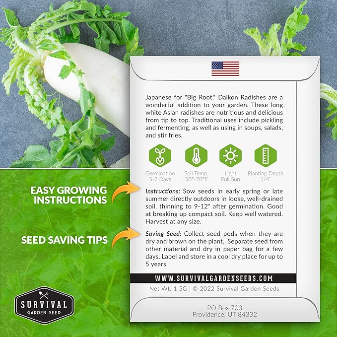 Survival Garden Seeds - Daikon Radish Seed for Planting - 1 Packet with Instructions to Plant and Grow Japanese Radish Vegetables in Your Vegetable Garden - Non-GMO Heirloom Variety