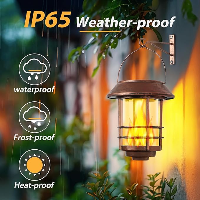 Otdair Solar Wall Lantern Outdoor, Flickering Flames Sconce Lights, Hanging Solar Lamps Wall Mount for Front Porch, Patio and Yard, 2 Pack, Bronze