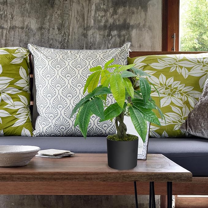 HUAESIN 18 inches Artificial Money Tree Faux Tree Table Top Fake Potted Plants Indoor Small Silk Tree Pachira Aquatica for Home Table Bedroom Kitchen Office Porch Decor Aesthetic