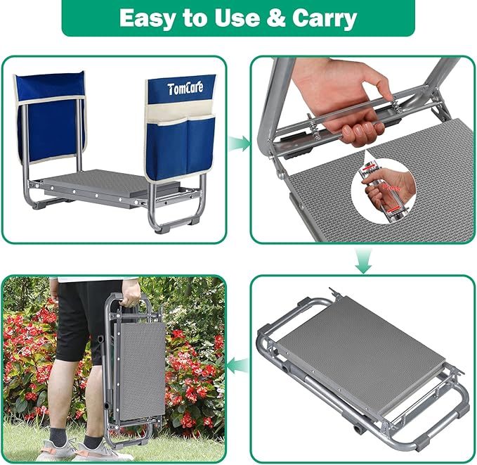 TomCare Garden Kneeler and Seat 10.24” Wide Kneeling Pad Garden Bench with 2 Tool Pouches Heavy Duty Stable Garden Stool Foldable Garden Tools Gardening Gifts for Women Men Seniors Gardeners Grey