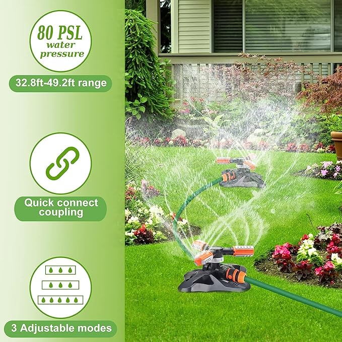 Lawn Sprinkler,Upgrade Garden Sprinkler Automatic 360 Degree Rotating Irrigation Grass Water Sprinkler System, Garden Hose Sprinkler for Yard/Built in 36 Units Angle Spray Nozzles-1Pack(Orange)