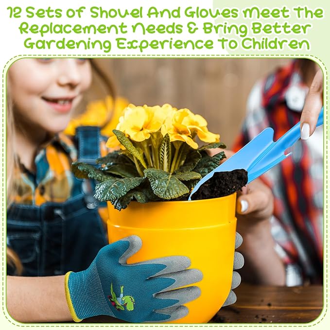 Gisafai 24 Pcs Mini Colorful Metal Hand Shovel and Glove Set Shovel Spade Gloves Digging Trowel Set Kids Gardening Gloves 12 Pcs 11 x 3 Inch