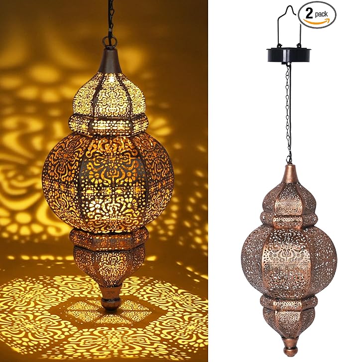 2 Pack Hanging Solar Lights, Outdoor Decor Solar Lantern, Waterproof Metal Moroccan Lantern for Outside Patio Pathway Yard Front Porch Backyard Garden Decorative