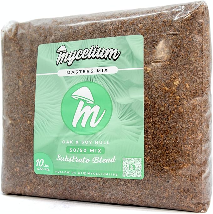 Mycelium Masters Mix Substrate – Oak & Soy Hull 50/50 Blend - Ideal for Gourmet & Functional Wood-Loving Mushrooms - Sterilized 10LB Bag for High Yield Cultivation