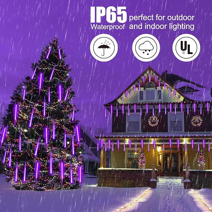 Purple Solar Christmas Lights, 576 LED Solar Meteor Shower Lights with 16 Tubes, Icicle Fairy String Lights for Christmas Decorations Tree Party Yard, Purple