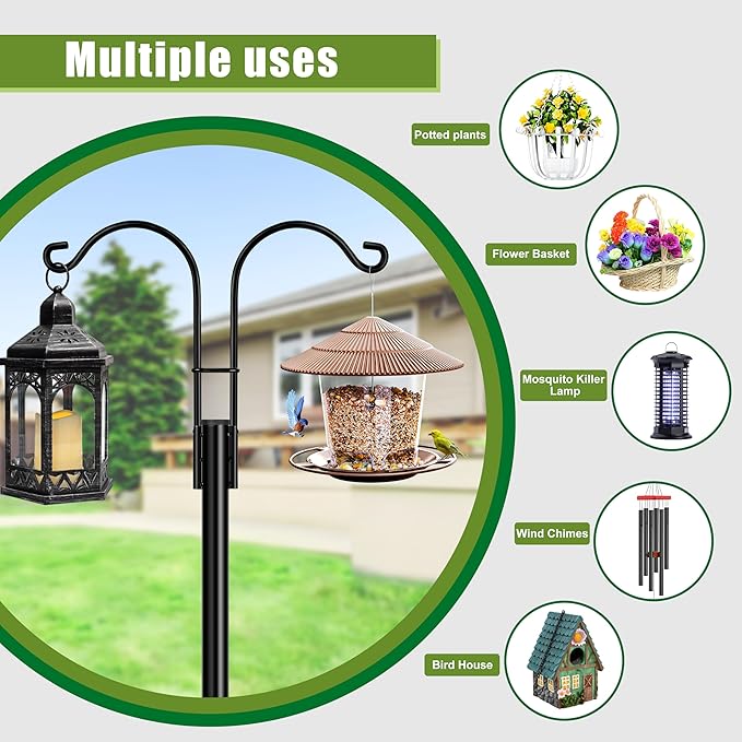 XDW-GIFTS Double Shepherds Hooks for Outdoor, 2-Pack Heavy Duty Garden Pole for Hanging Bird Feeder, Plant Baskets, Solar Light Lanterns, Garden Plant Hanger Stands with 5 Base Prongs