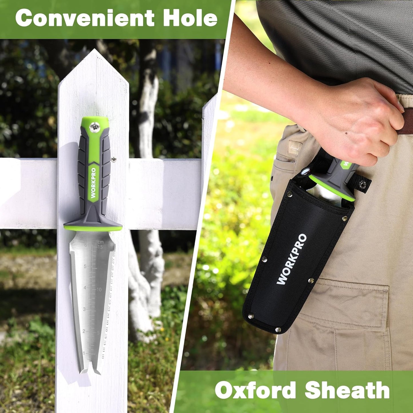 WORKPRO Hori Hori Garden Knife, Garden Tools with Oxford Sheath, 7" Stainless Steel Blade with Cutting Edge, Multi-Purpose Weed Puller tool with Hanging Hole for Planting, Weeding, Digging