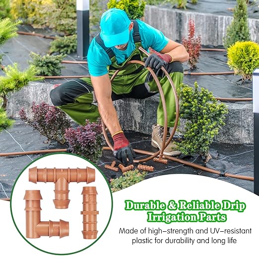 30 Pieces Drip Irrigation Kit：Drip Irrigation Parts for 1/2 Inch Drip Irrigation Tubing with 17mm 0.600" ID Drip Line Fittings Barbed Connectors Including 10 Couplings 8 Tees 6 Elbows 6 Plugs