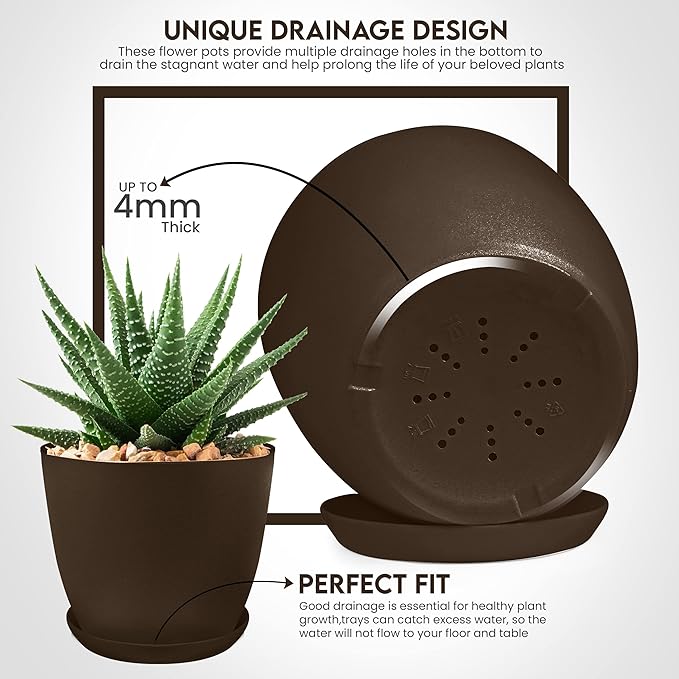 Utopia Home - Plant Pots Indoor with Drainage - 7/6.6/6/5.3/4.8 Inches Home Decor Flower Pots for Indoor Planter - Pack of 5 Plastic Planters for Indoor Plants, Cactus, Succulents Pot - Brown