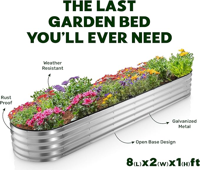 Galvanized Raised Garden Beds Outdoor // 8×2×1 ft Planter Raised Beds for Gardening, Vegetables, Flowers // Large Metal Garden Box (Silver) // Patented Tool-Free Design